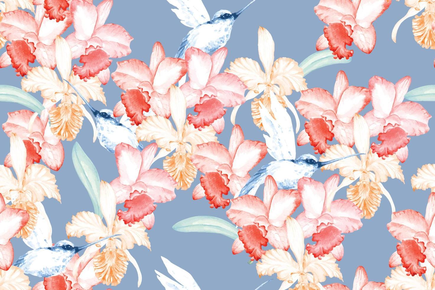 Seamless pattern of hummingbird and orchids painted with watercolor on blue background.For floral patterns painted with watercolors with elegant patterns for destroying fabrics and wallpapers. vector