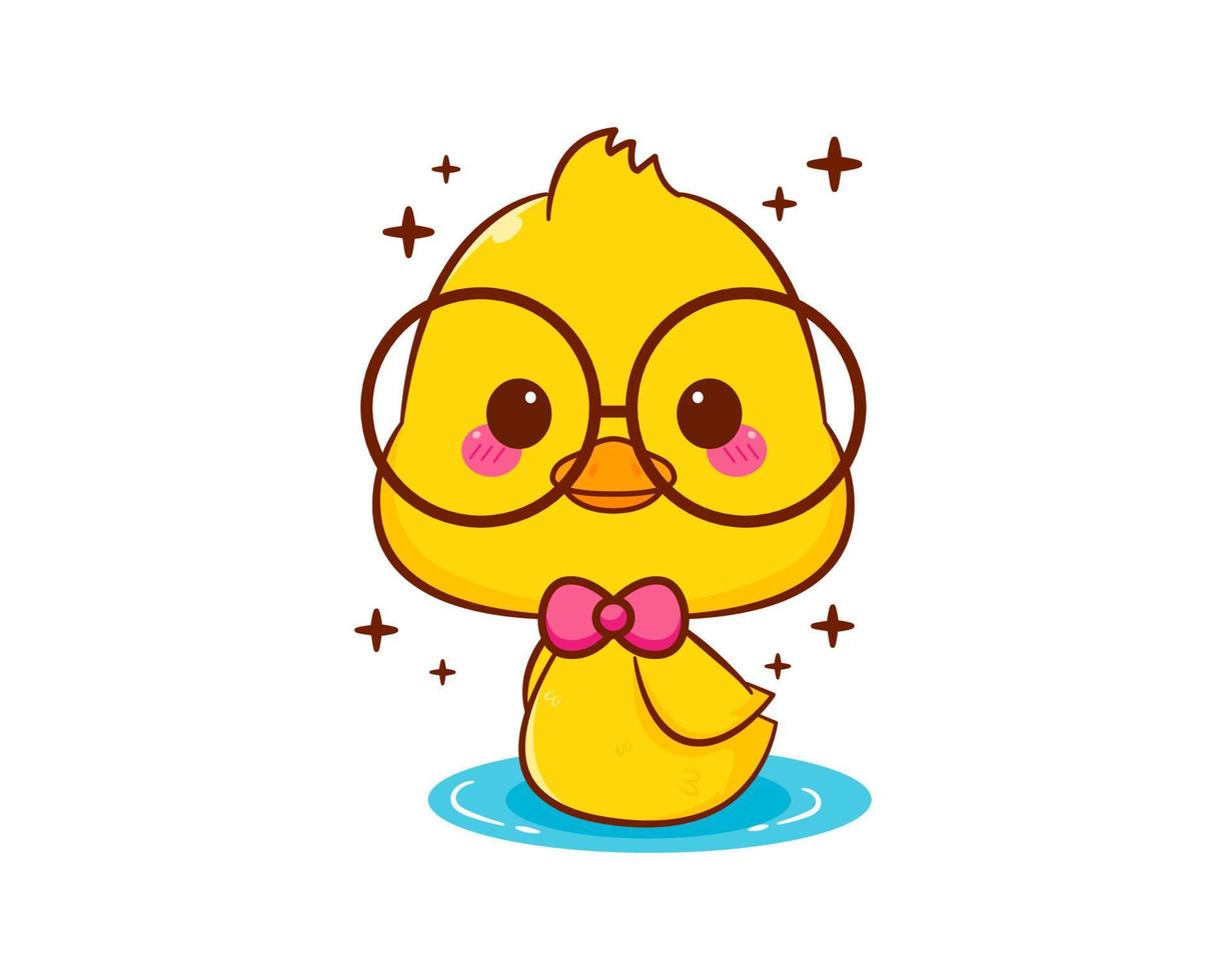 Cute little nerd duck swimming with glasses cartoon character isolated white background. Vector art illustration