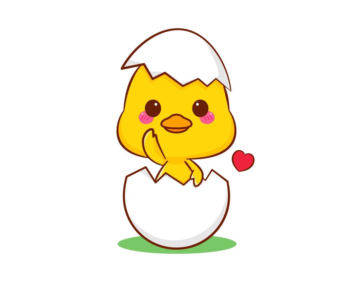 Cute little duck hatch from egg cartoon character isolated white