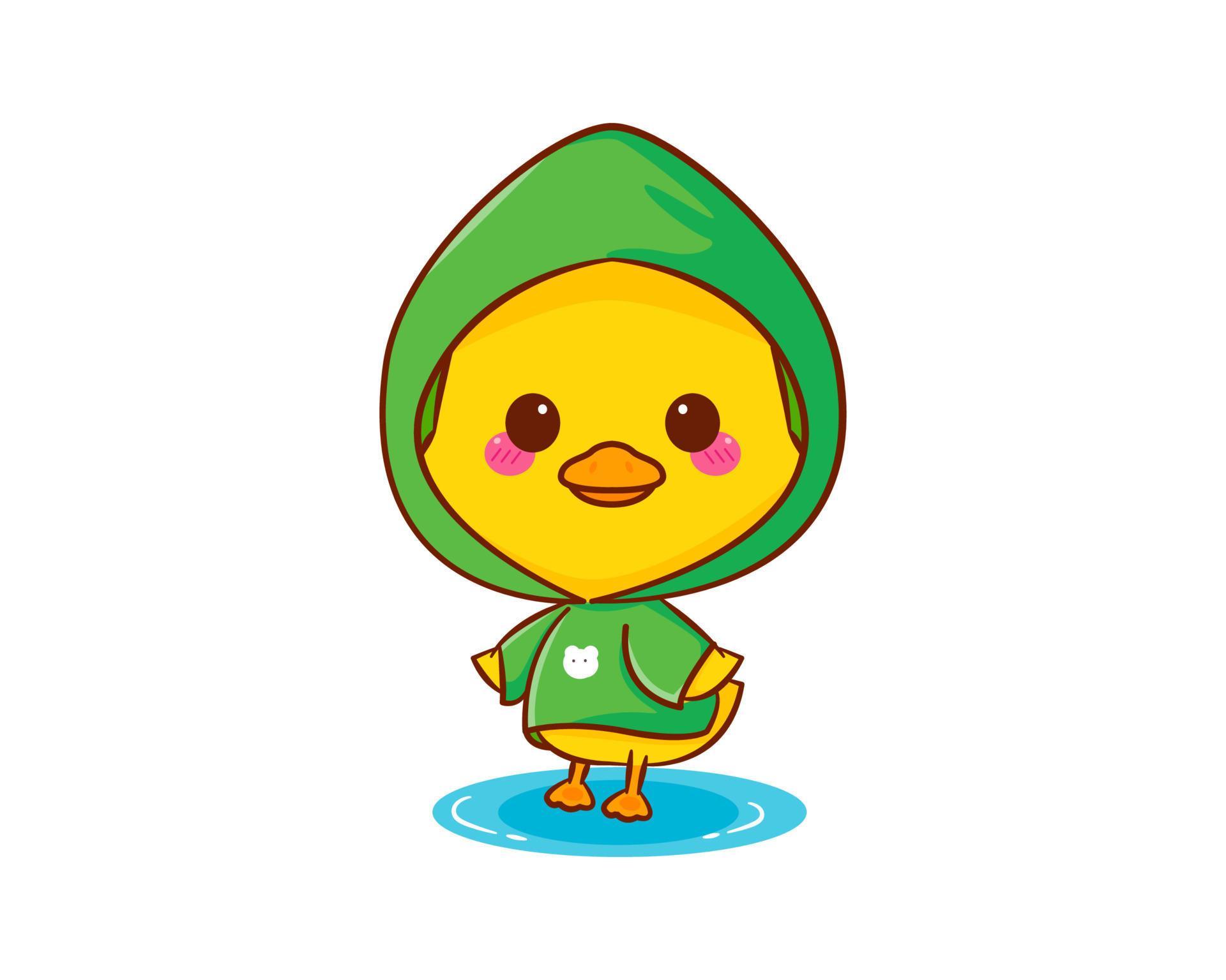 Cute little duck wear raincoat cartoon character isolated white