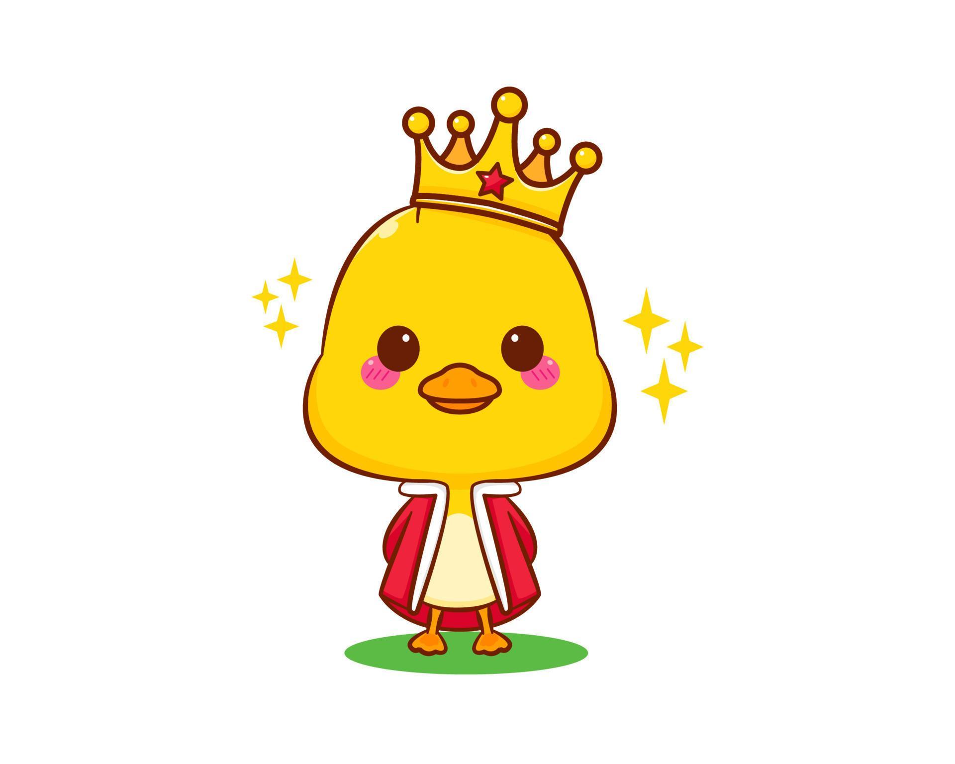 Cute little king duck with crown cartoon character isolated white