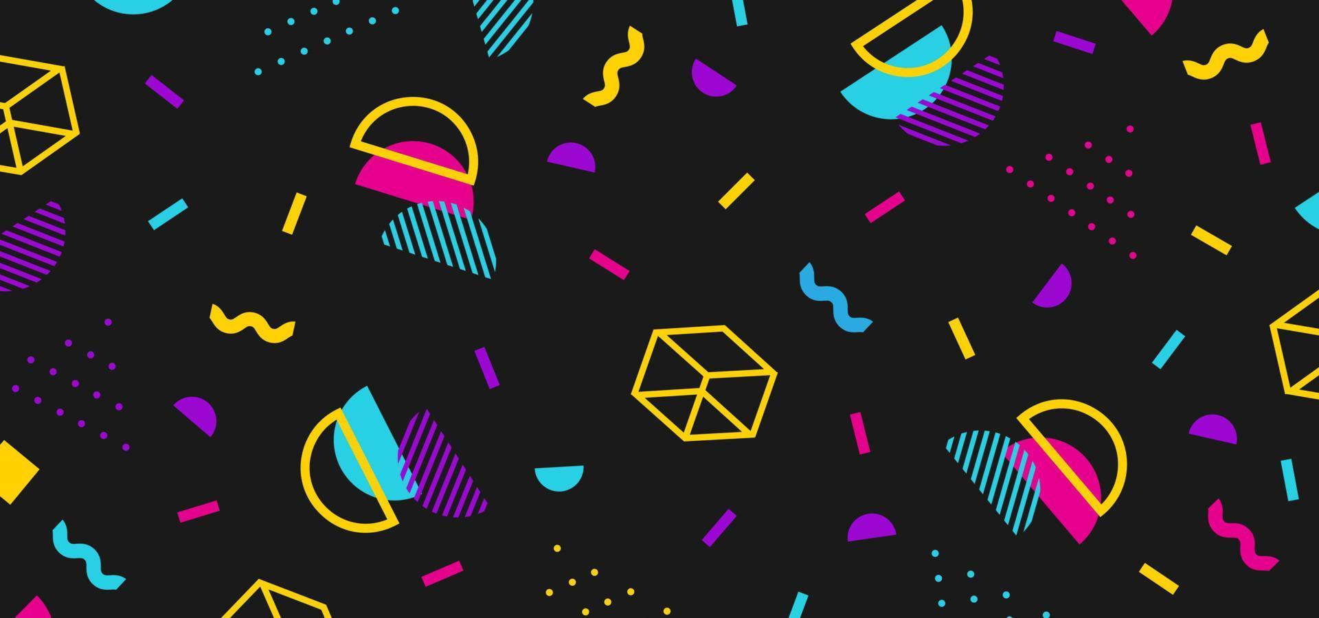 Background in the style of the 80s with multicolored geometric shapes on the black background vector