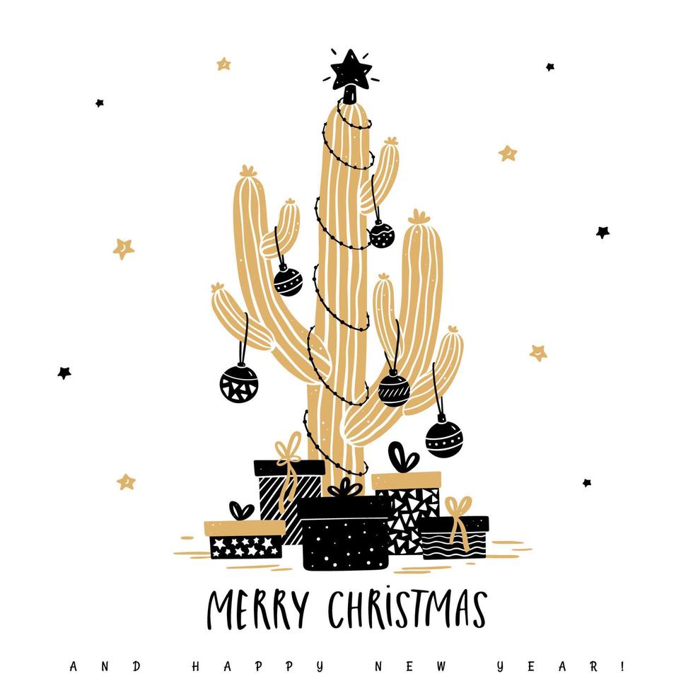 cactus de navidad con bolas, guirnaldas y regalos en el fondo de las estrellas. tarjeta de felicitación con ilustración en estilo dibujado a mano vector