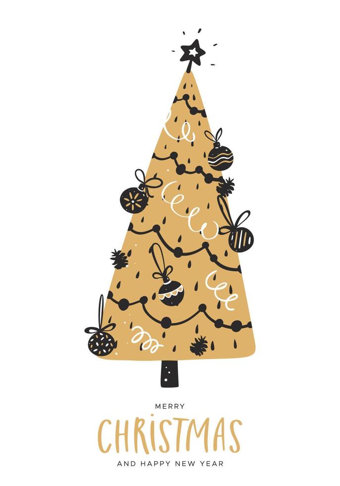 Christmas tree in cartoon style with garlands and balls vector