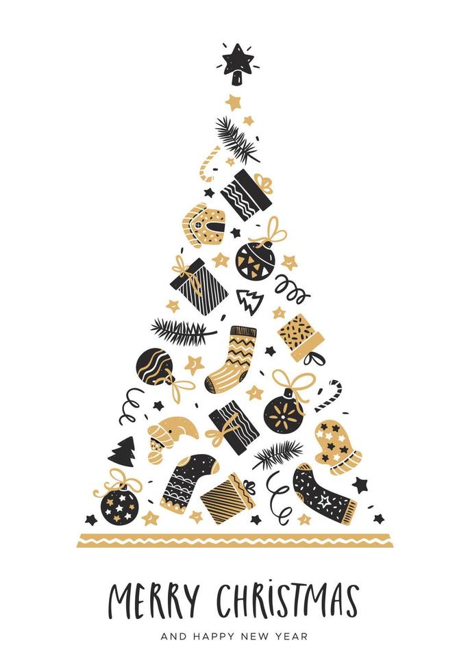 Greeting card with a Christmas tree of festive decorative elements vector