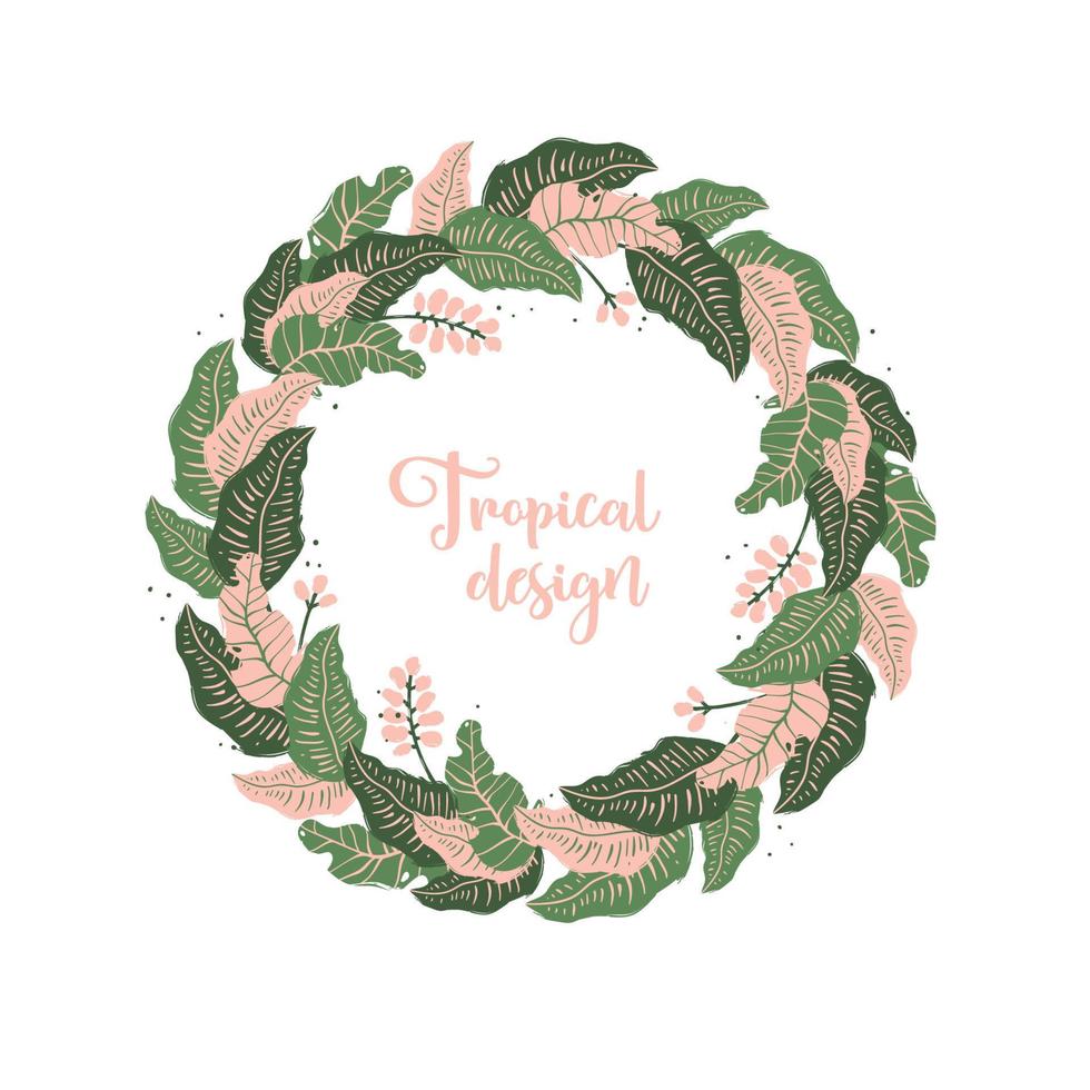 Wreath of tropical leaves and flowers. Unique design of greeting card template vector