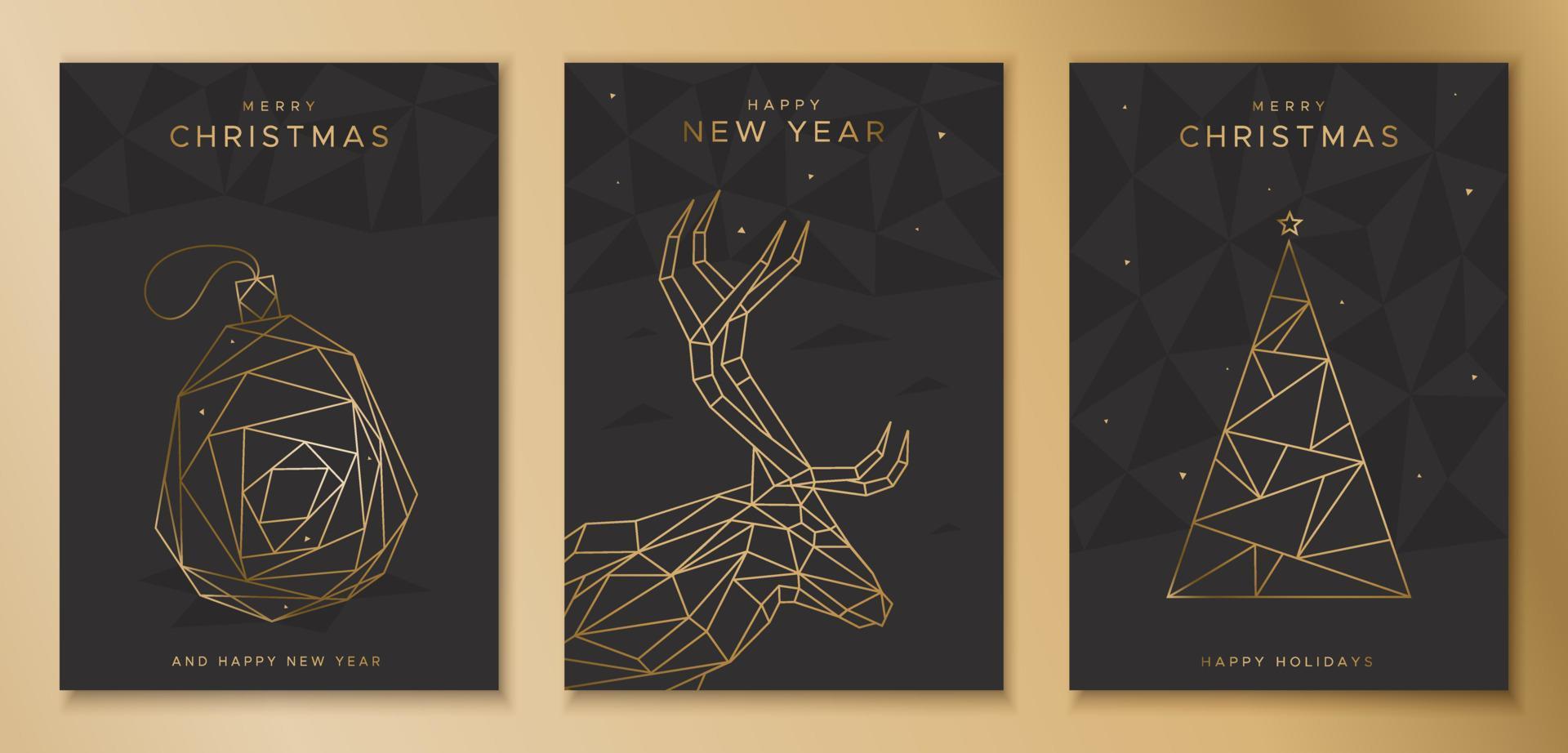 Set of Christmas cards with deer, toy and spruce. Design in geometric style. vector