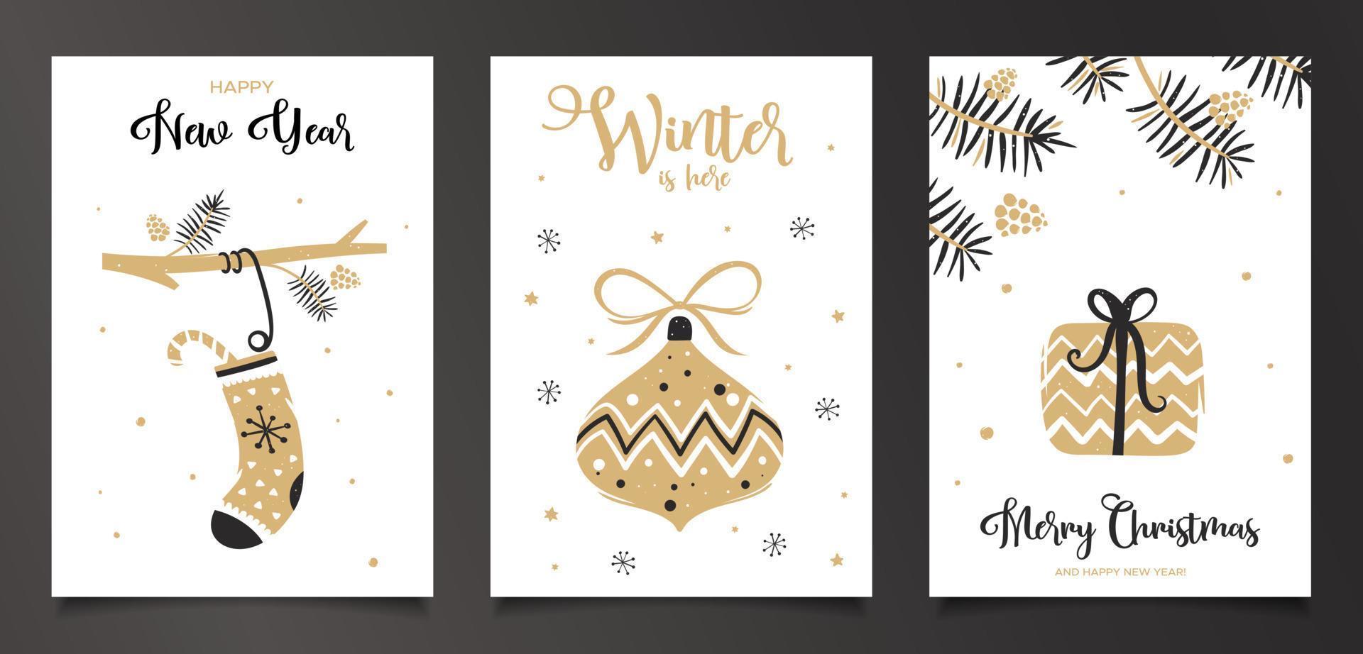 Set of Christmas cards with socks, toy and gift vector