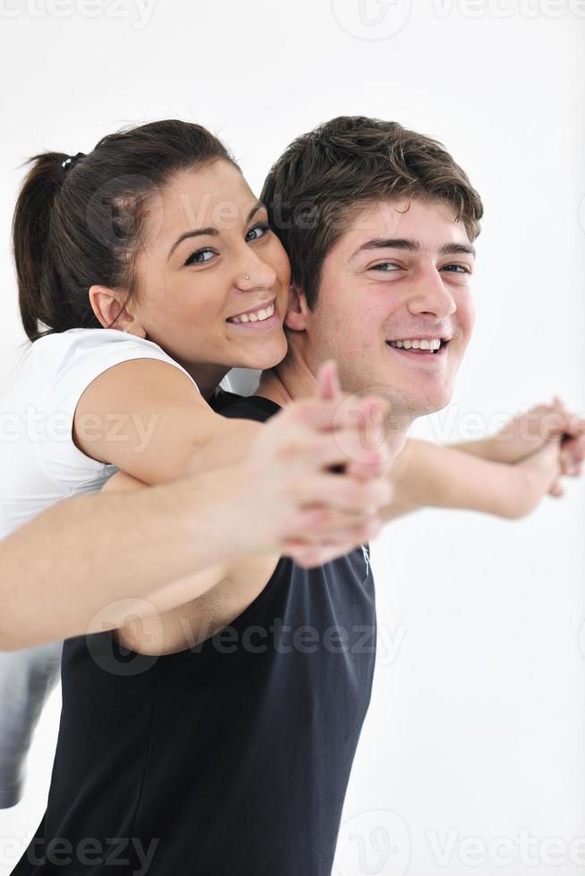 happy young couple fitness workout and fun photo