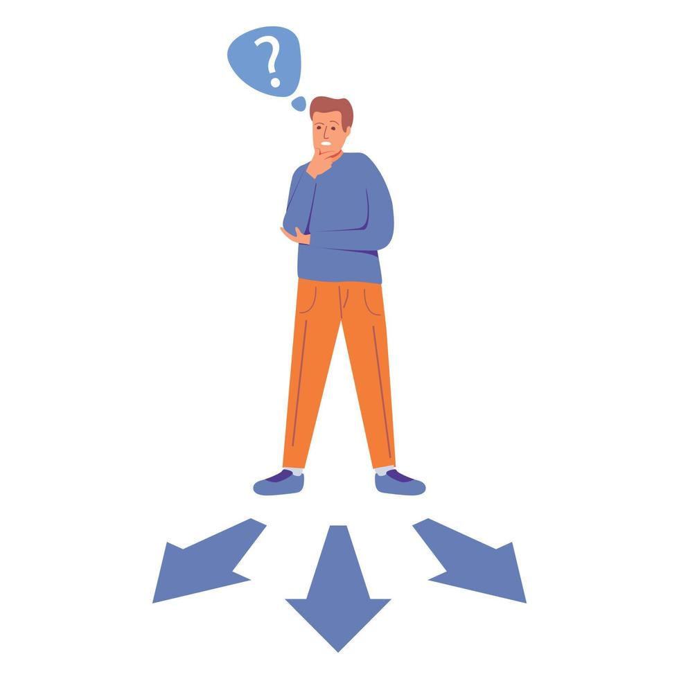 Choice way.Man standing at crossroads arrows.Guy standing choice of ways.Character question marks above his head.Isolated on white background.Vector flat illustration. vector