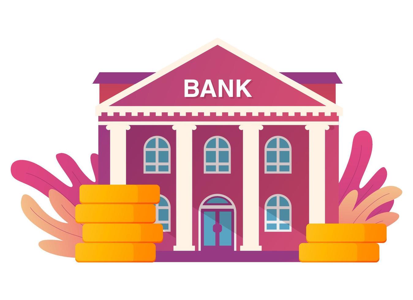 Bank building with stacks of gold coins.Business building icon.Administrative city building with columns.Banking and finance  for website.Vector flat illustration. vector
