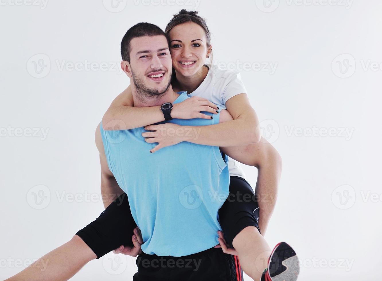 happy young couple fitness workout and fun photo