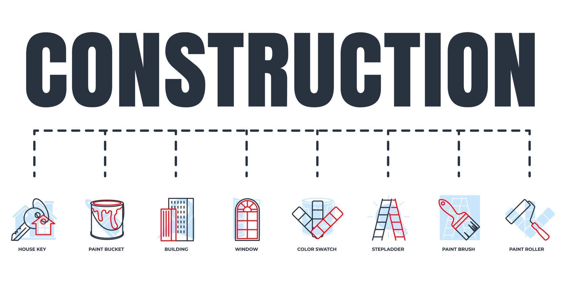 Construction banner web icon set. paint brush, color swatch, paint roller, paint bucket, stepladder, window, house key, building vector illustration concept.