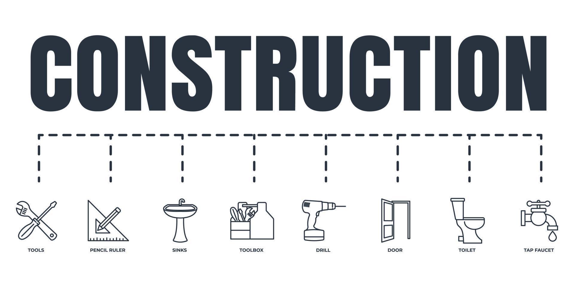 Construction banner web icon set. toilet, tap faucet, tools, toolbox, drill, door, pencil and ruler, sinks vector illustration concept.