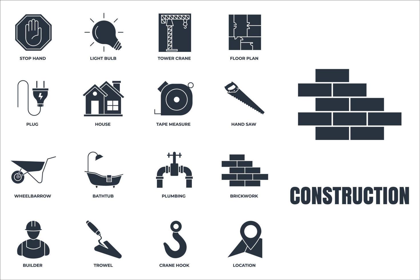 conjunto de ilustración de vector de logotipo de icono de construcción. casa, grúa torre, constructor, sierra manual, enchufe, plomería, bañera y más plantilla de símbolo de paquete para la colección de diseño gráfico y web