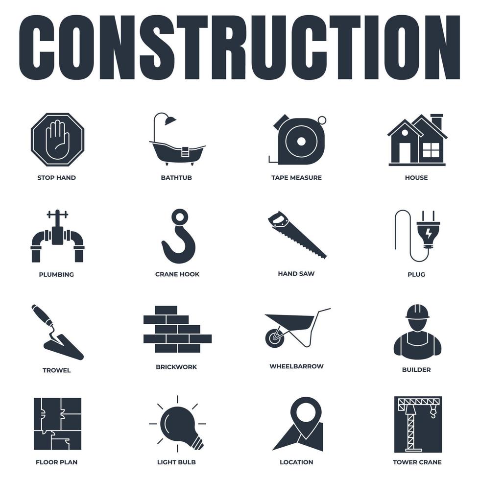 Set of Construction icon logo vector illustration. house, tower crane, builder, hand saw, plug, plumbing, bathtub and more pack symbol template for graphic and web design collection