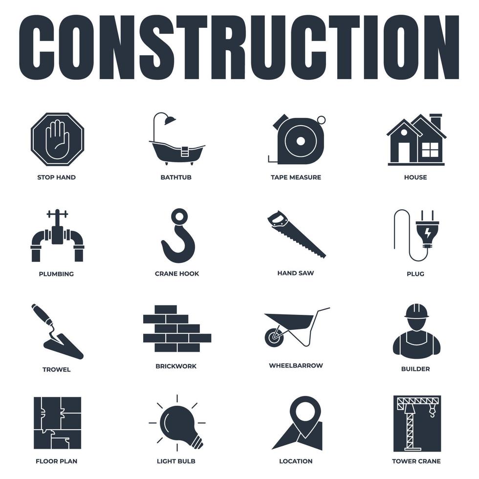 conjunto de ilustración de vector de logotipo de icono de construcción. casa, grúa torre, constructor, sierra manual, enchufe, plomería, bañera y más plantilla de símbolo de paquete para la colección de diseño gráfico y web