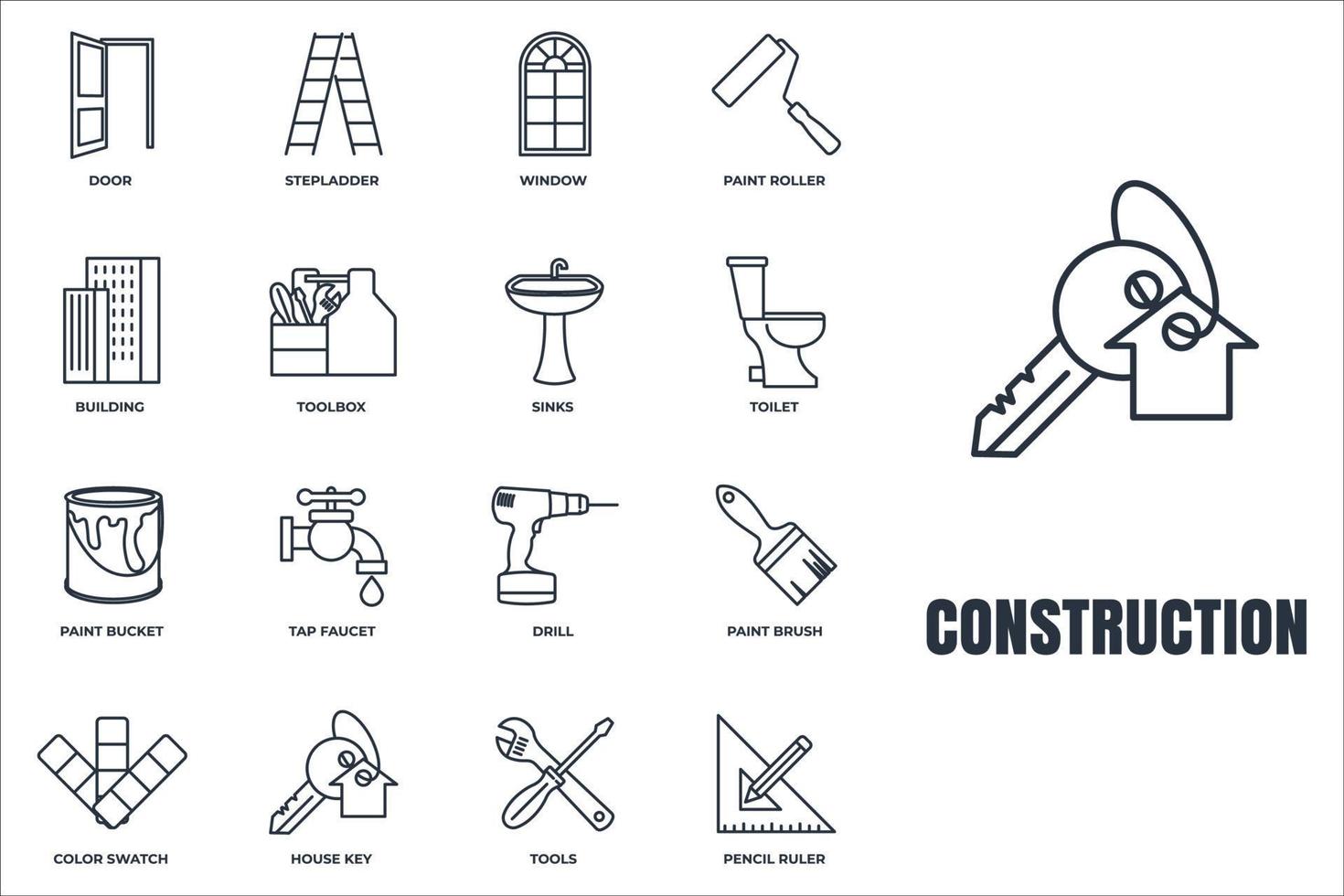 Set of Construction icon logo vector illustration. tools, toolbox, drill, door, color swatch, paint roller, paint bucket and more pack symbol template for graphic and web design collection