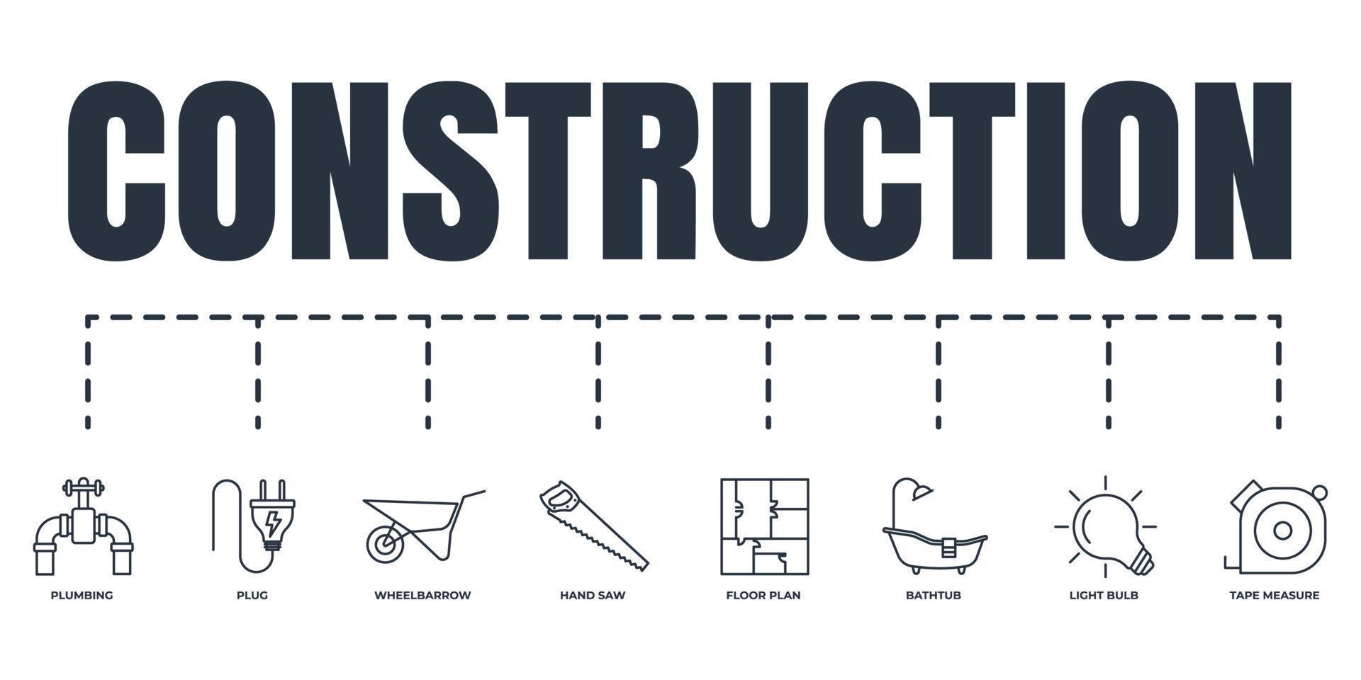 Construction banner web icon set. light bulb, floor plan, wheelbarrow, tape measure, hand saw, plug, plumbing, bathtub vector illustration concept.