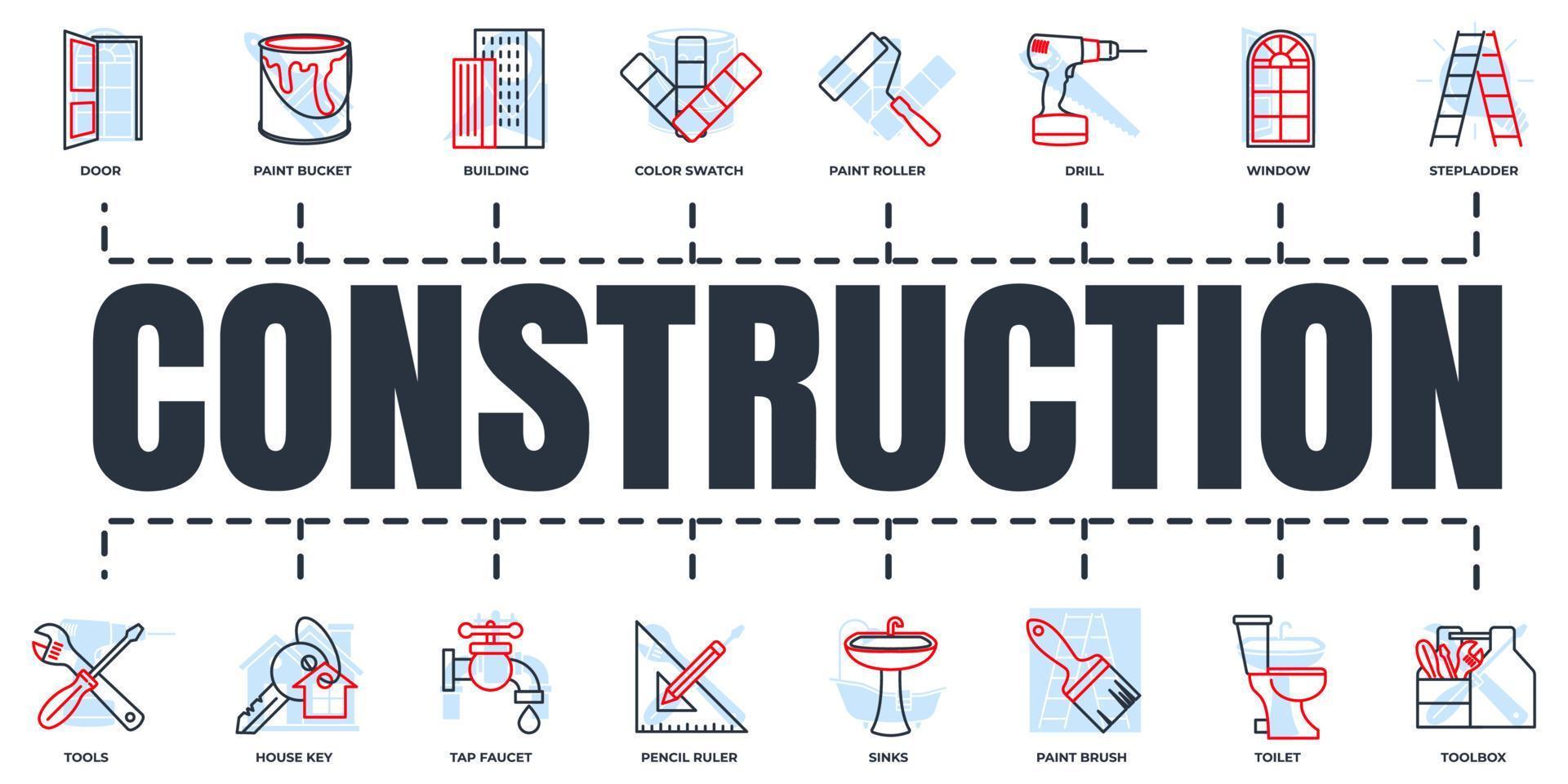 Construction banner web icon set. tools, toolbox, drill, door, color swatch, paint roller, paint bucket and more vector illustration concept.