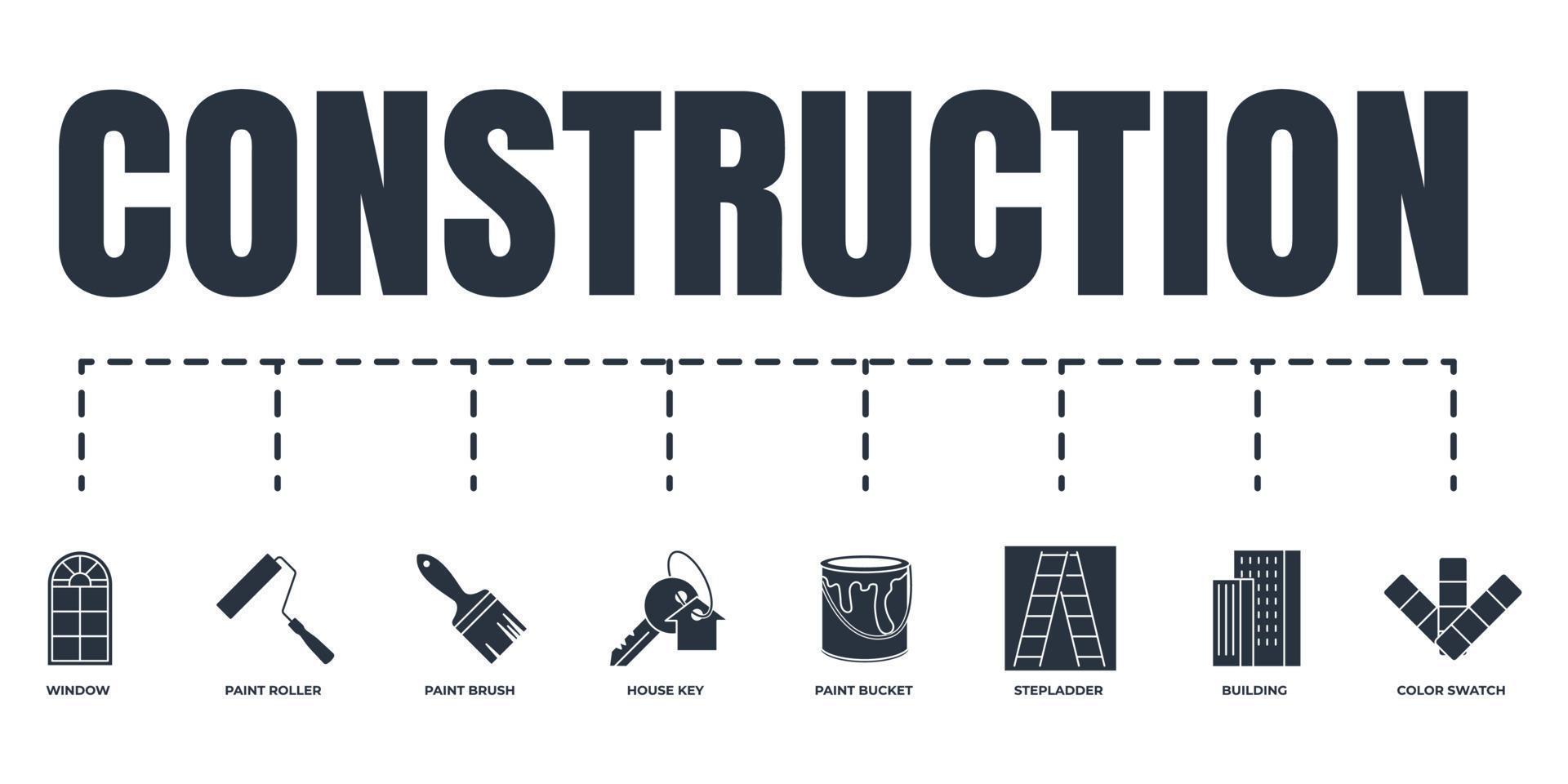 Construction banner web icon set. paint brush, color swatch, paint roller, paint bucket, stepladder, window, house key, building vector illustration concept.