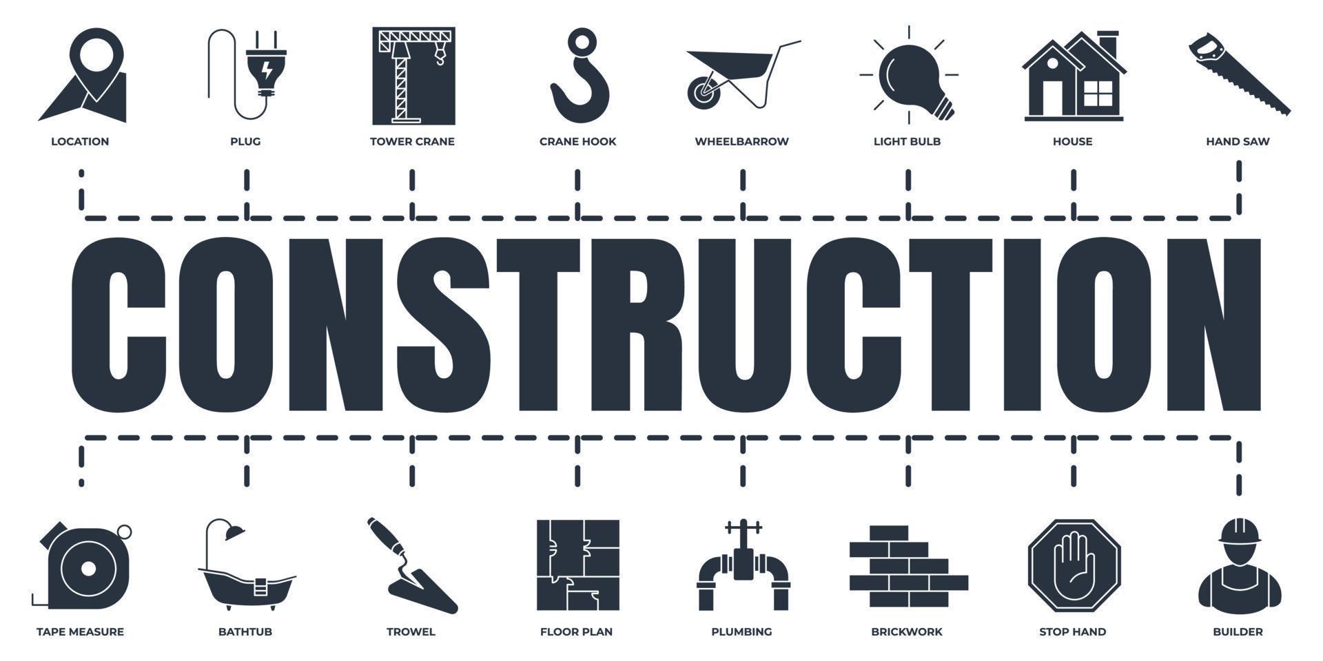 Construction banner web icon set. builder, brickwork, crane hook, wheelbarrow, tape measure, hand saw and more vector illustration concept.