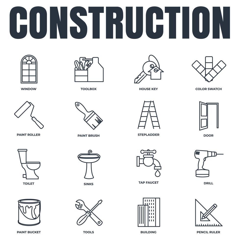 Set of Construction icon logo vector illustration. tools, toolbox, drill, door, color swatch, paint roller, paint bucket and more pack symbol template for graphic and web design collection