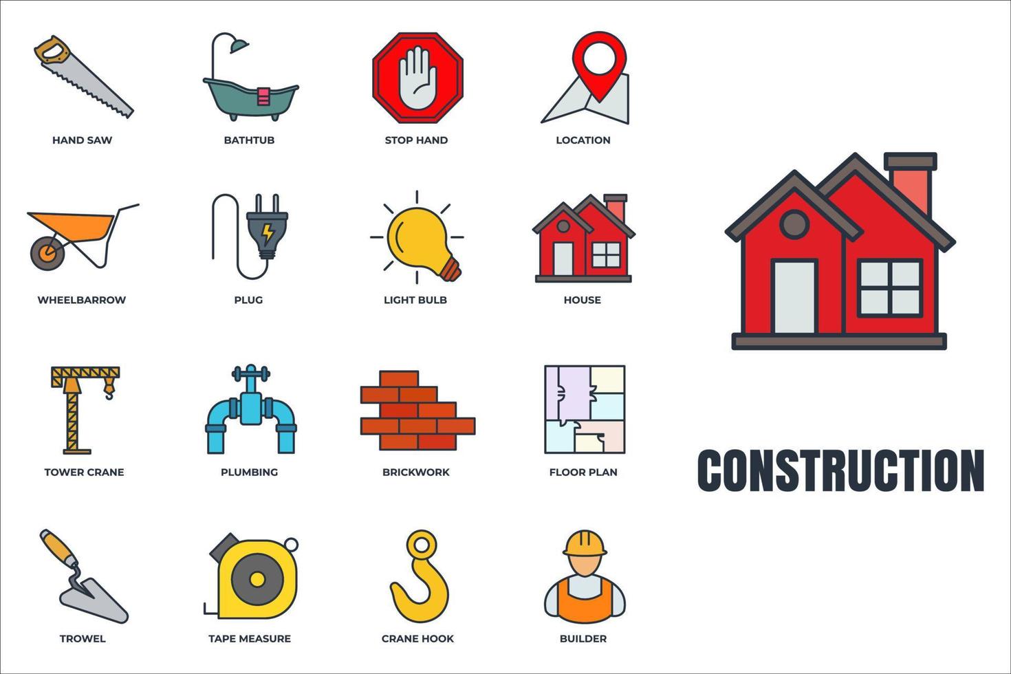 Set of Construction icon logo vector illustration. house, tower crane, builder, hand saw, plug, plumbing, bathtub and more pack symbol template for graphic and web design collection