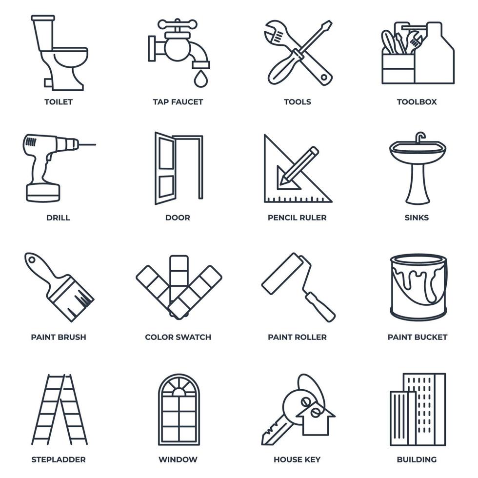 Set of Construction icon logo vector illustration. tools, toolbox, drill, door, color swatch, paint roller, paint bucket and more pack symbol template for graphic and web design collection