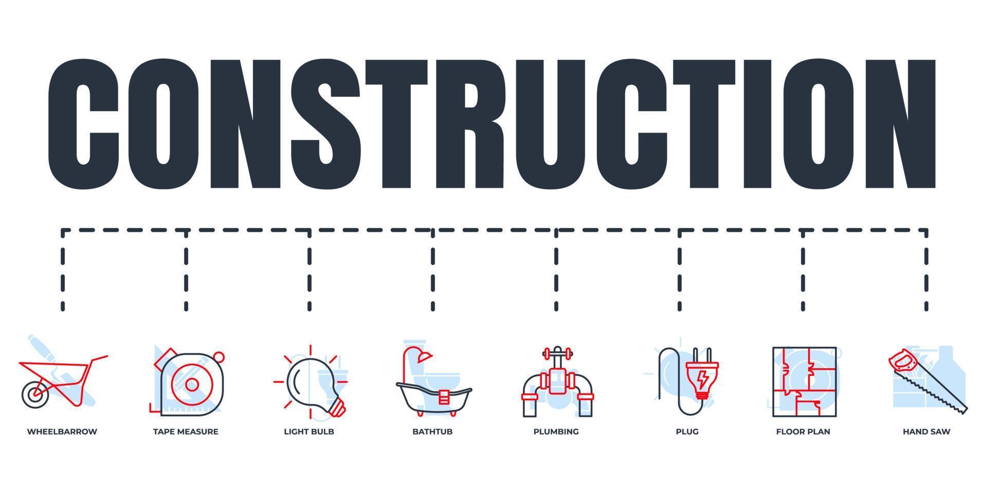 Construction banner web icon set. light bulb, floor plan, wheelbarrow, tape measure, hand saw, plug, plumbing, bathtub vector illustration concept.