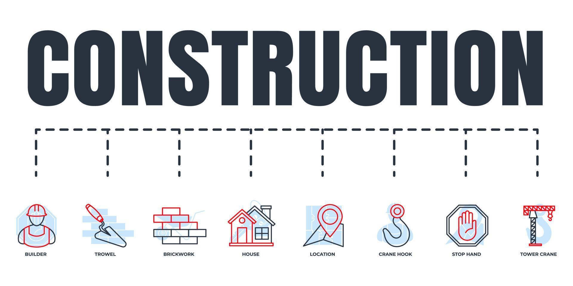 Construction banner web icon set. house, tower crane, builder, brickwork, crane hook, stop hand, trowel, location vector illustration concept.