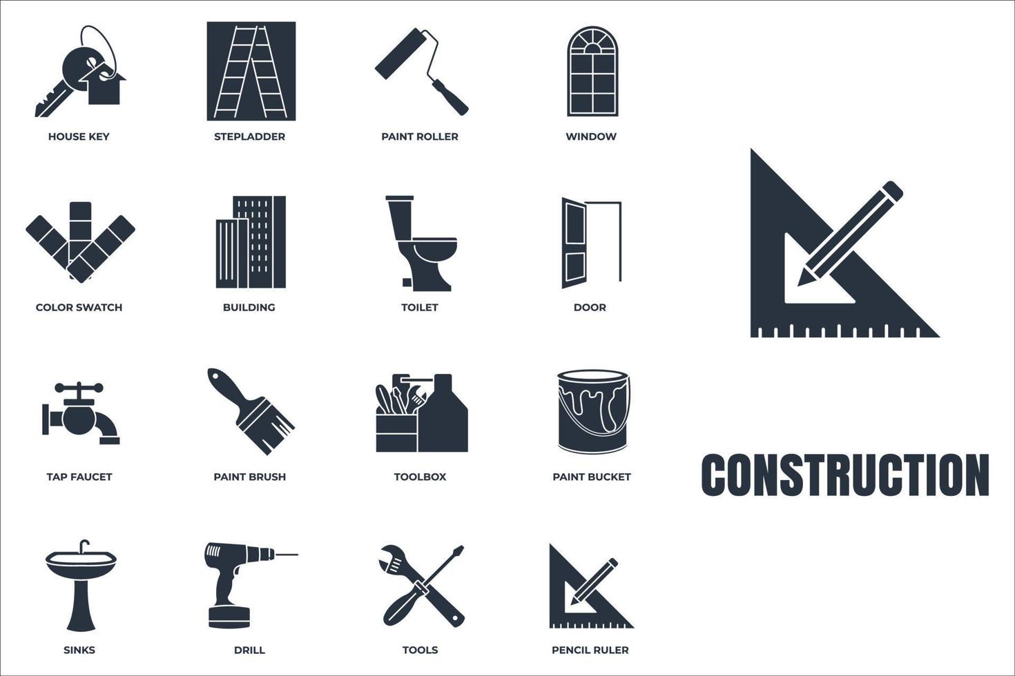 Set of Construction icon logo vector illustration. tools, toolbox, drill, door, color swatch, paint roller, paint bucket and more pack symbol template for graphic and web design collection