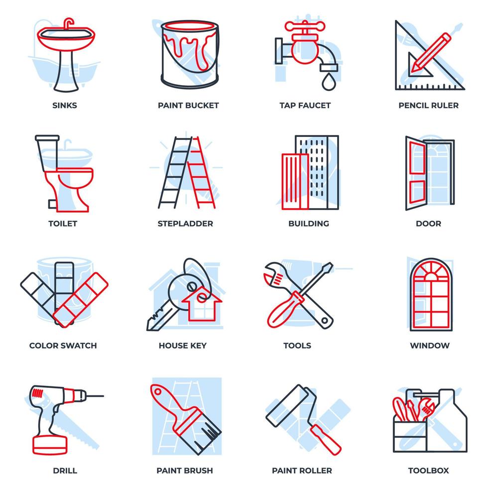 Set of Construction icon logo vector illustration. tools, toolbox, drill, door, color swatch, paint roller, paint bucket and more pack symbol template for graphic and web design collection