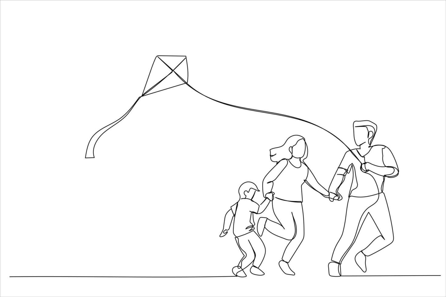 Illustration of father, mother and kid flying a kite outdoor. One line art style vector