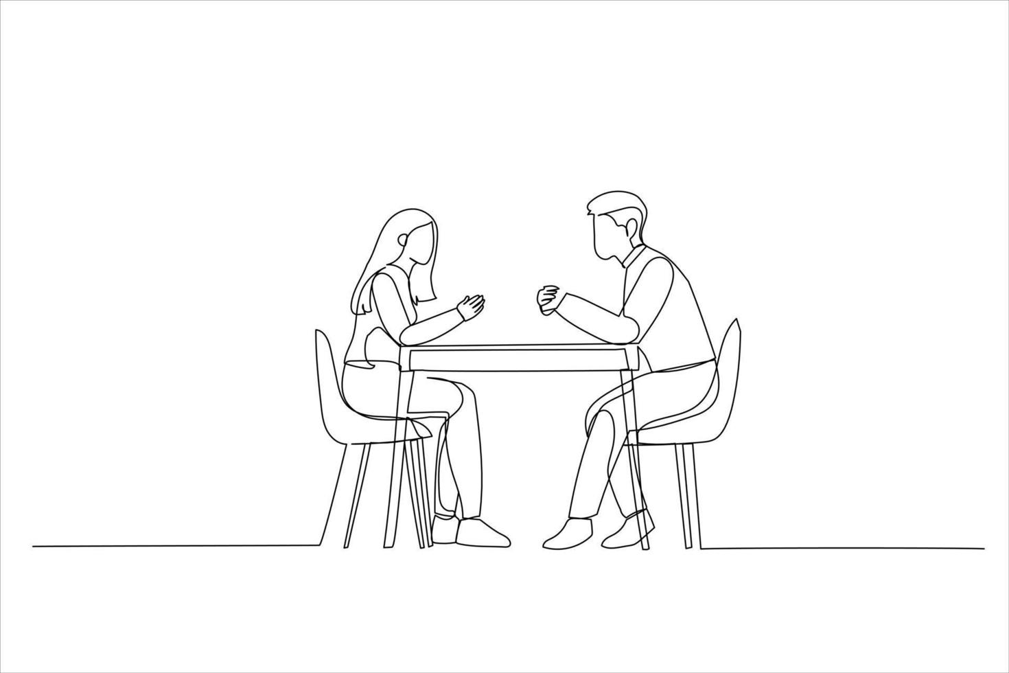 Illustration of two serious people in formal wear sitting in front of each other at long desk in the office while discussing something. One line art style vector