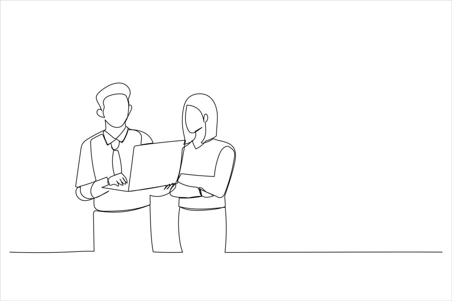 Cartoon of asian businessman and businesswoman looking at laptop computer. Continuous line art vector
