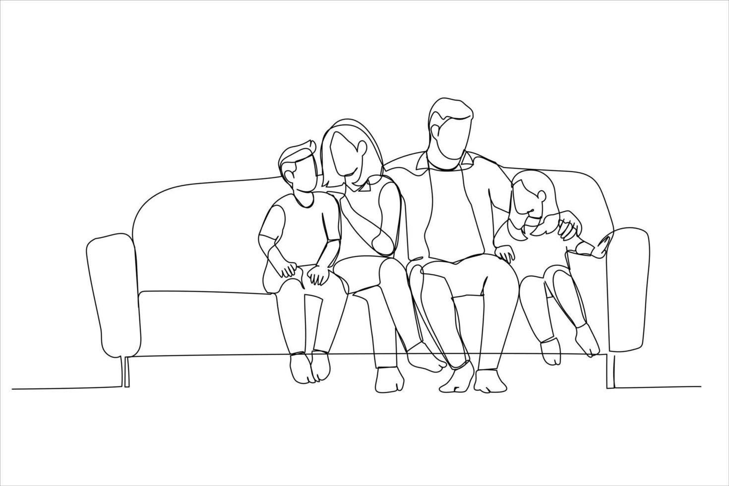 Cartoon of affectionate young parents relaxing on sofa, cuddling small children. Continuous line art vector