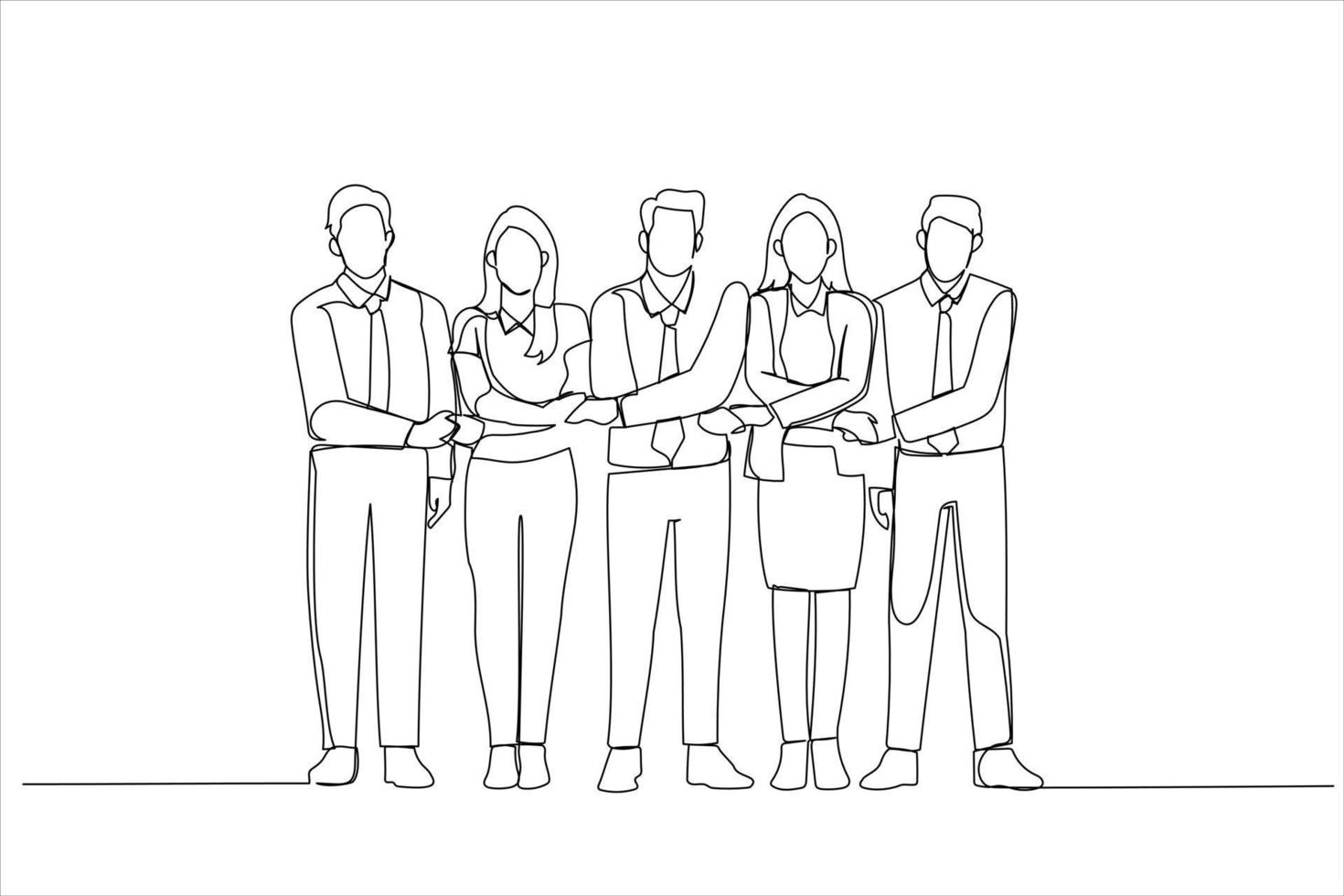 Cartoon of group of business people holding hands. Continuous line art style vector