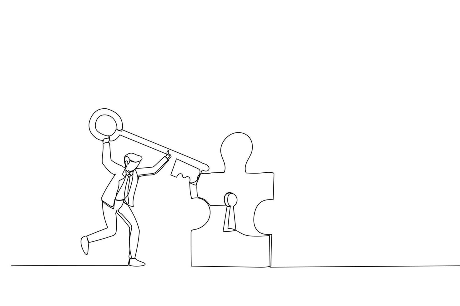 Cartoon of young businessman standing opening puzzle door with big key. Metaphor for achieving goal, solution and success. Single continuous line art style vector