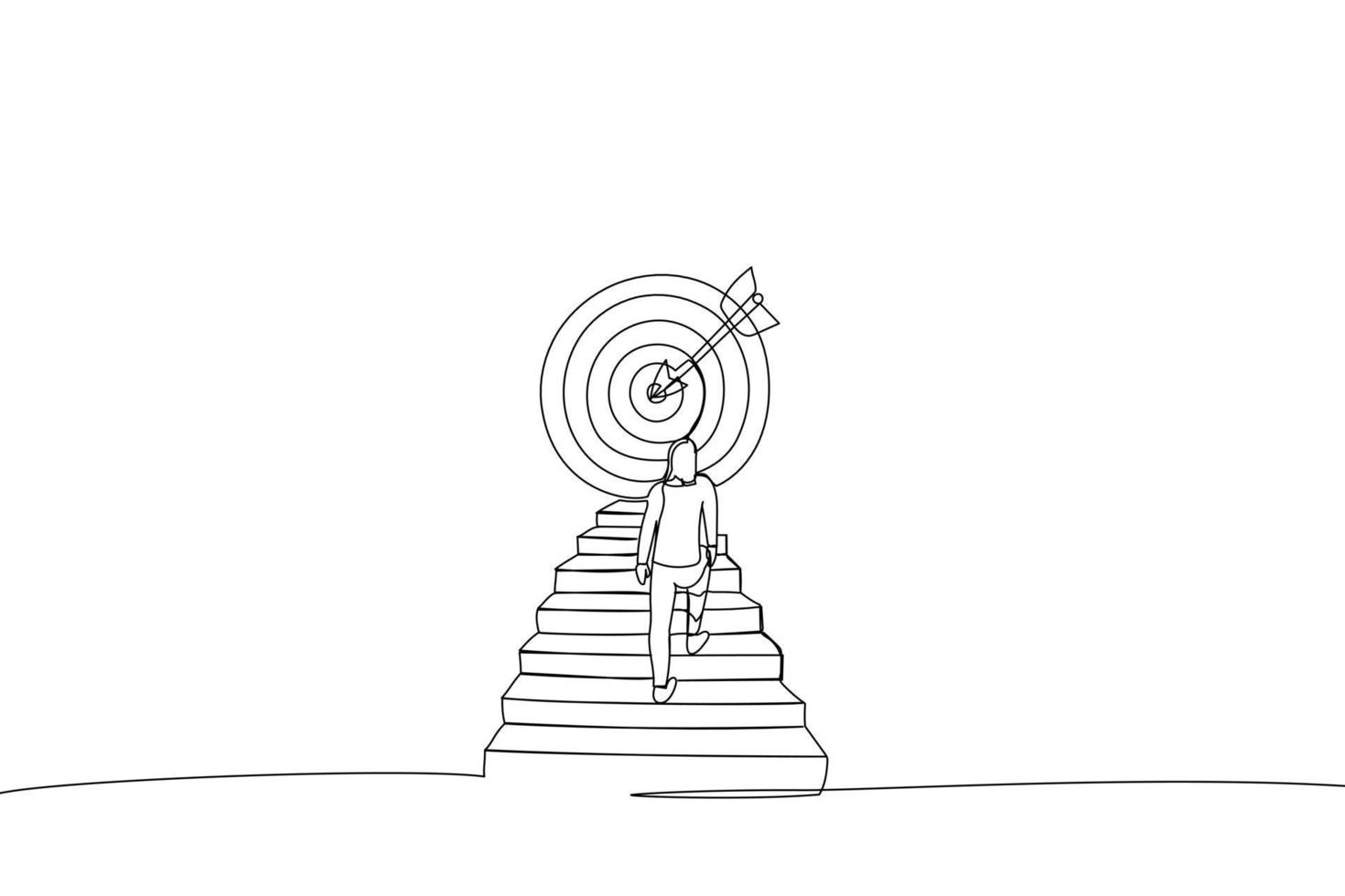 Drawing of businesswoman climbing stairs toward large target. One line style art vector