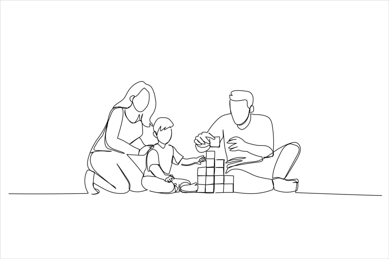 Cartoon of young mom, dad and child building tower of blocks sitting on warm floor in the living room. Continuous line art style vector
