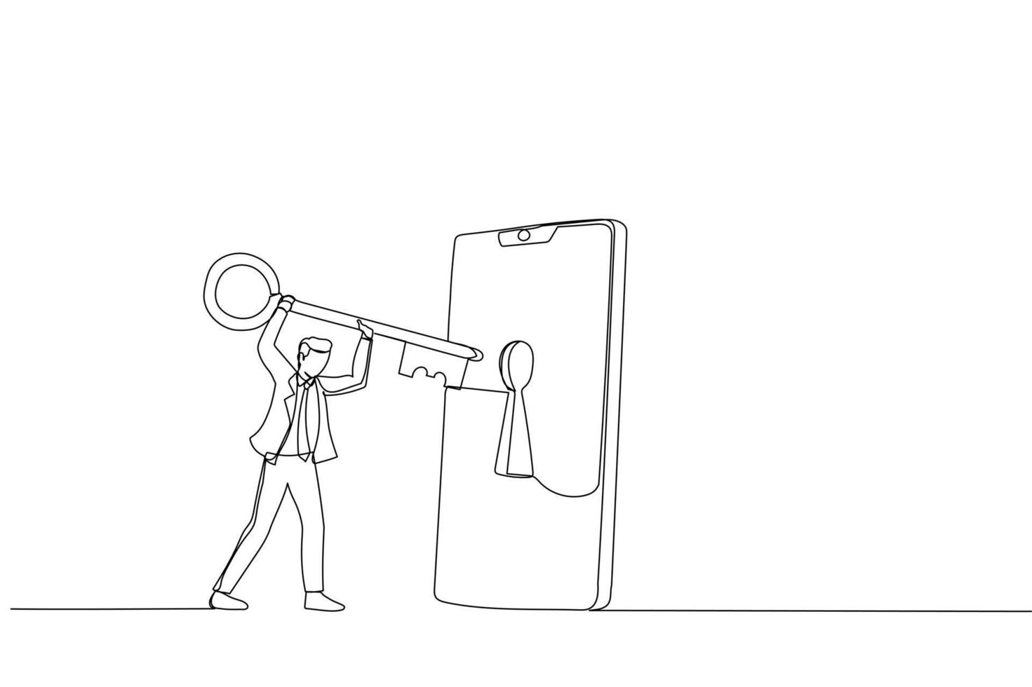 Illustration of businessman hold key to open phone. Metaphor for cyber security. One line art style vector