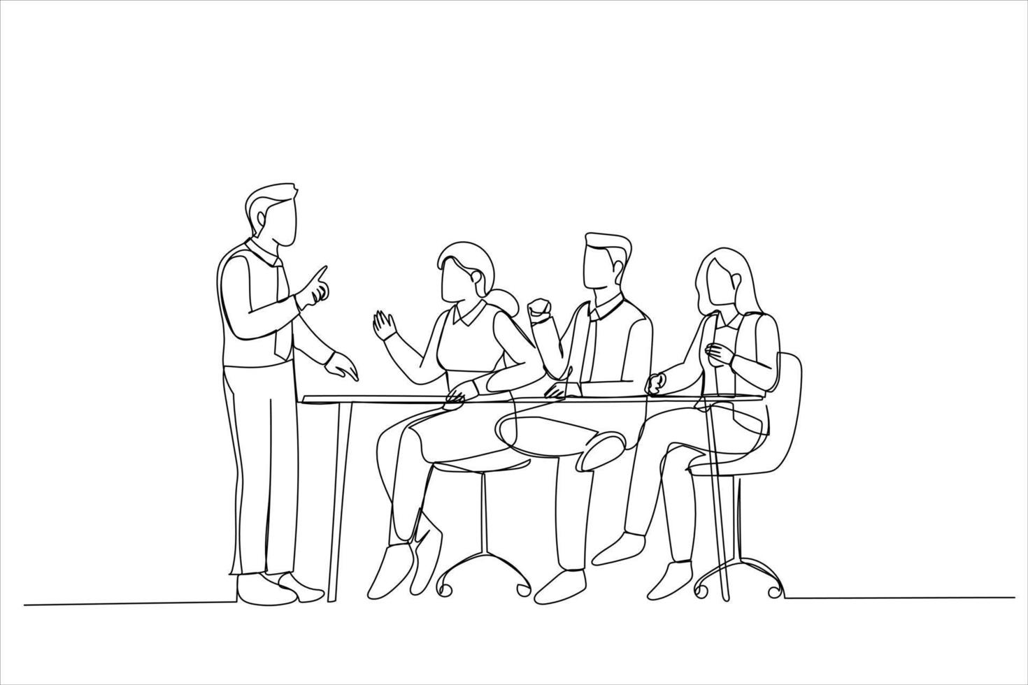 Drawing of executive leading corporate briefing with diverse employees in boardroom. Single continuous line art vector