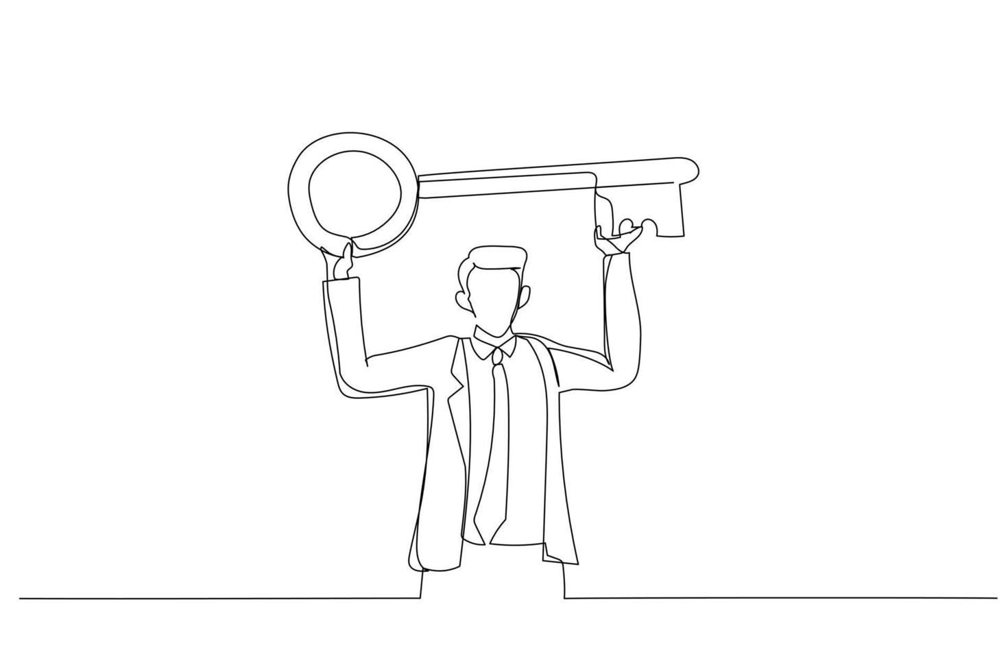 Illustration of businessman standing carry big key in raised over head. Metaphor for having strategic key ideas. One line art style vector