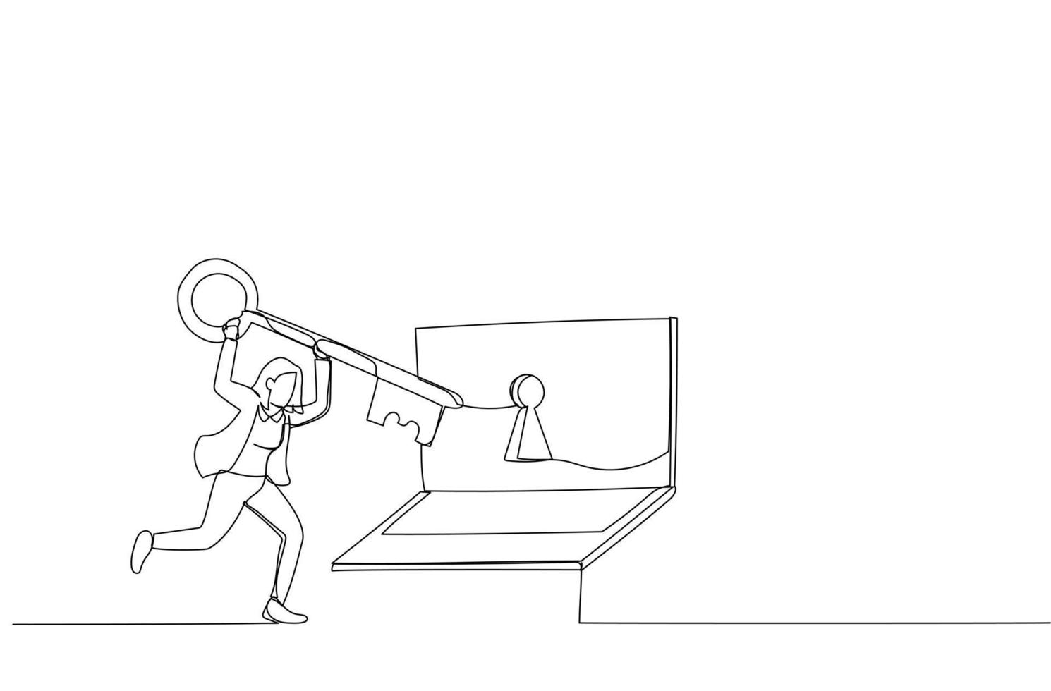 Drawing of businesswoman hold the keys and computer laptop with protection key lock. Metaphor for online data security. Single line art style vector