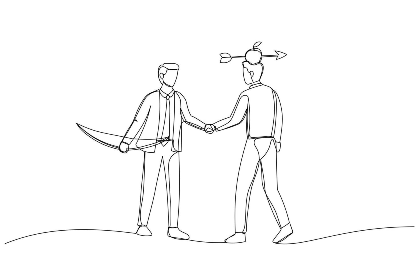 Illustration of businessmen shaking hands agreement after finished danger risky apple shot archery show. Metaphor for trusted partner, business relation, collaboration. One line art style vector