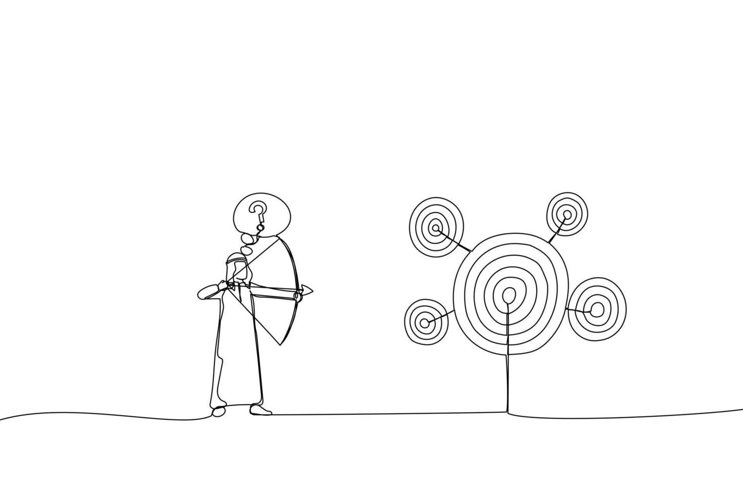 Illustration of arab businessman with bow and arrow look at multiple targets and can not decide which target to shoot at. Metaphor for multitasking and priority. One line art style vector