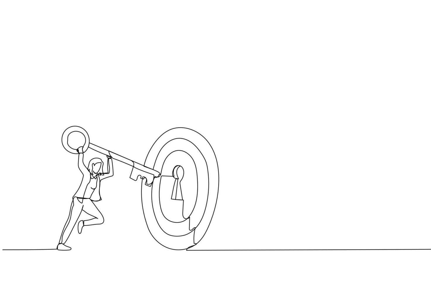 Drawing of businesswoman putting huge key into bullseye target key hold to unlock business success. Metaphor for target, KPI, achievement. Single continuous line art vector