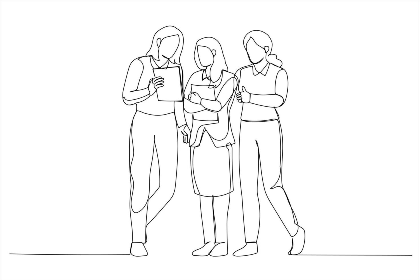 Drawing of businesswomen discussing over paperwork against railing. Single continuous line art vector