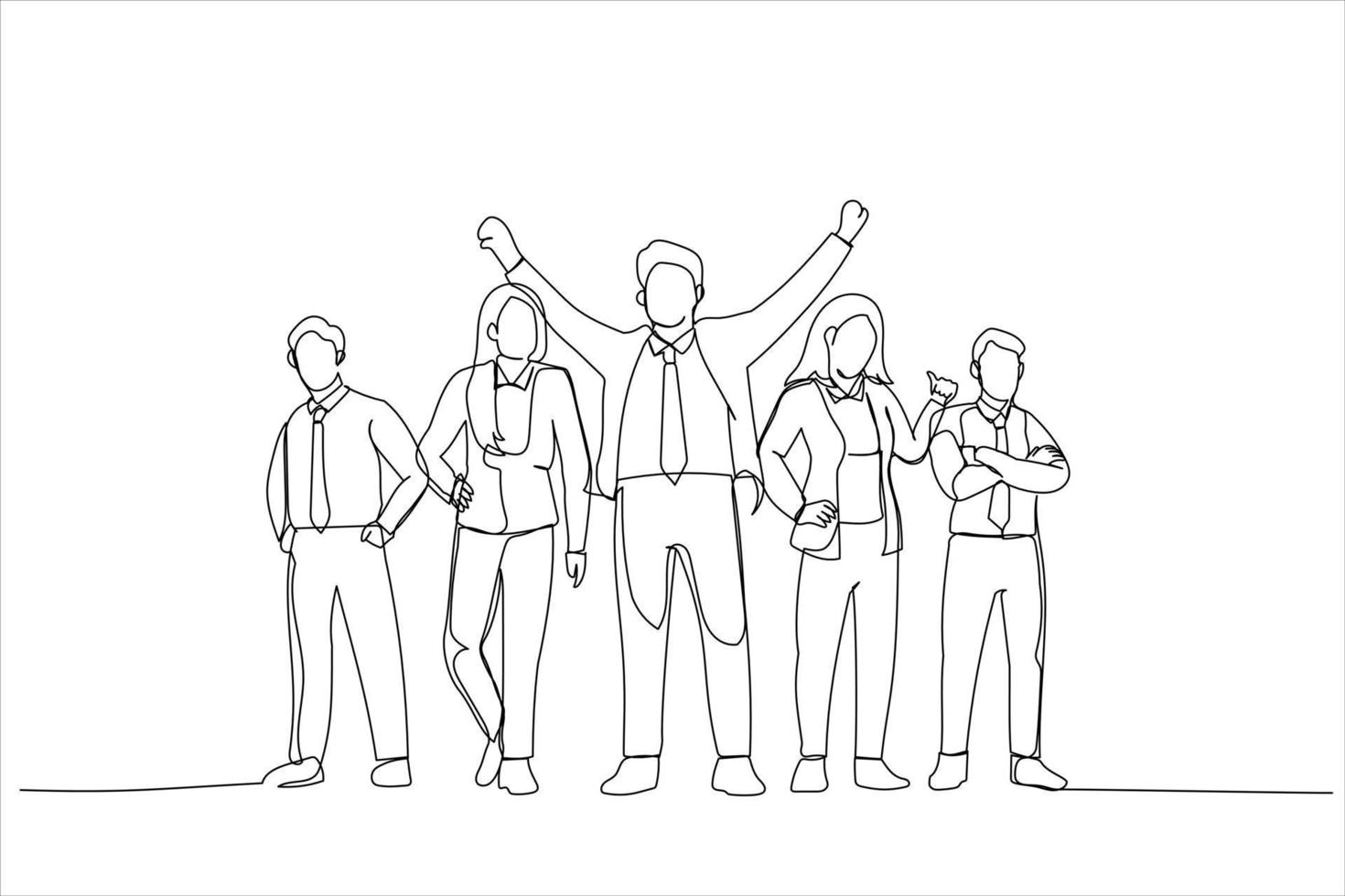 Cartoon of winning business team. Single continuous line art style vector